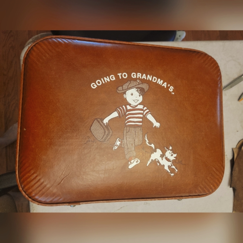 VINTAGE Going to Grandma's Brown Suitcase Boy and Dog Child's Luggage 1960s